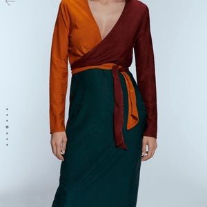 Zara Color Block Jacquard Wrap Midi Dress